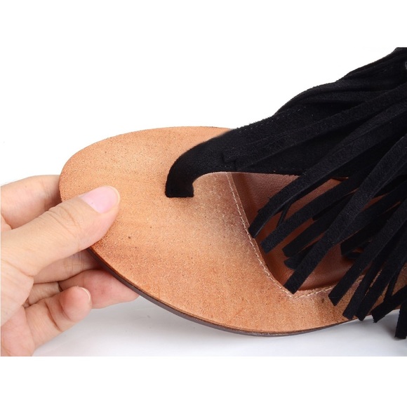 Black Suede Fringe Ankle Zip Up Brown Sole Sandals - Picture 14 of 16